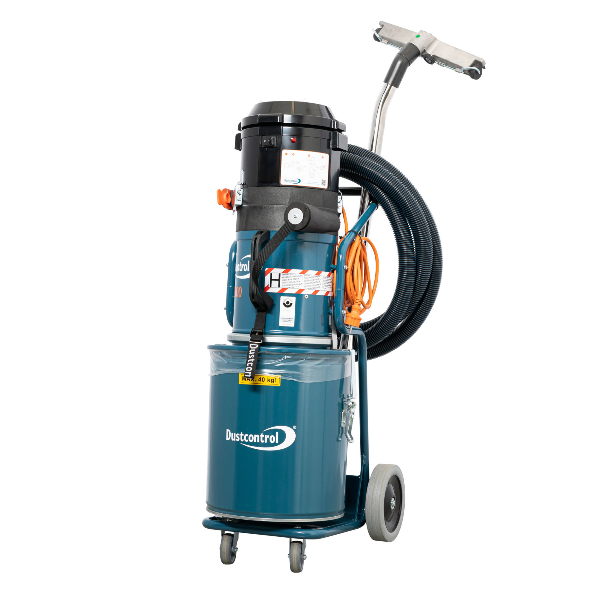 Industrieller Staubsauger der Marke Dustcontrol in den Farben Petrol und Schwarz, mit transparentem Staubbeutel, großen Rollen und Saugschlauch mit Saugdüse, oranges Stromkabel – geeignet für schwere Einsätze, max. 40 kg., Gerät, Elektrisches Gerät