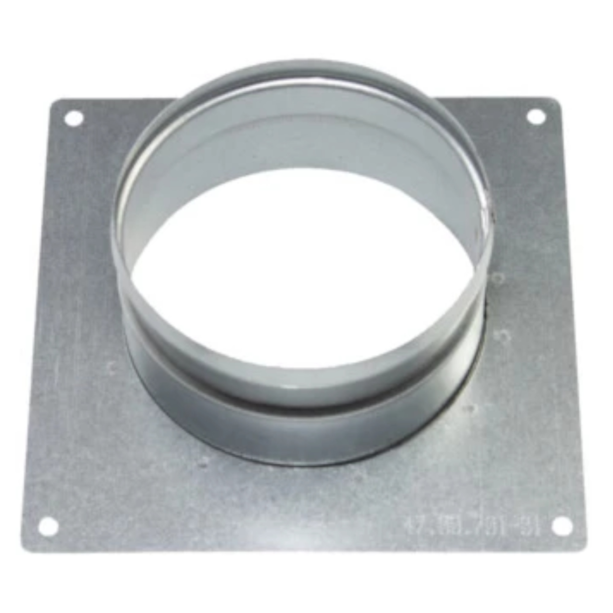 Ein runder Metalladapter mit einer glatten Innenfläche, der auf einer rechteckigen Basis befestigt ist. Er hat vier Befestigungslöcher in den Ecken und dient wahrscheinlich zur Verbindung von Lüftungsrohren oder ähnlichen Komponenten.