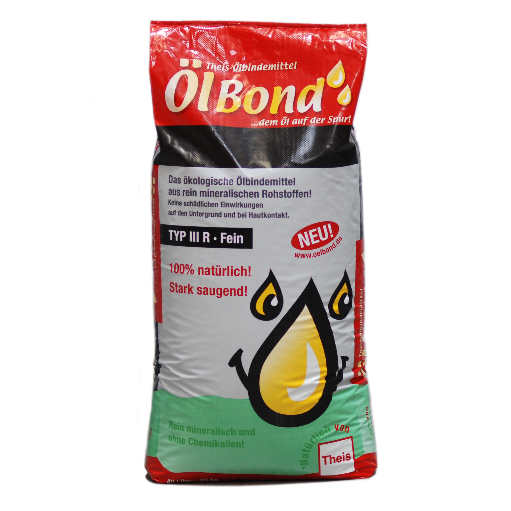 Ein 20 kg Sack mit dem Ölbinder "ÖlBond" von Theis. Die Verpackung betont die ökologische Herstellung aus mineralischen Rohstoffen, hohe Saugfähigkeit und natürliche Inhaltsstoffe. Auf der Vorderseite sind eine Tropfenillustration sowie der Hinweis "neu" zu sehen.