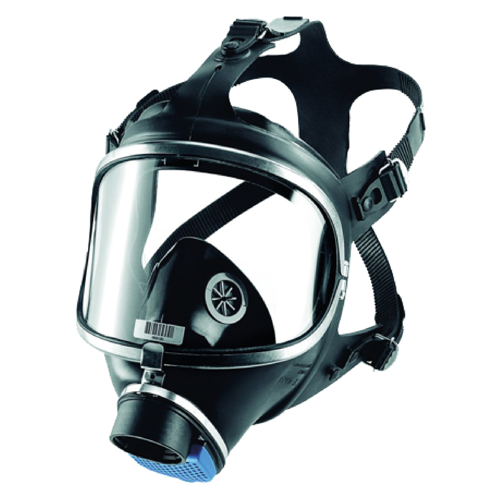 Eine schwarze Schutzmaske mit großem durchsichtigen Visier. Die Maske hat ein rundes Filtersystem und verstellbare Riemen zur Anpassung. Sie dient zum Schutz vor Schadstoffen und gefährlichen Partikeln in der Luft.