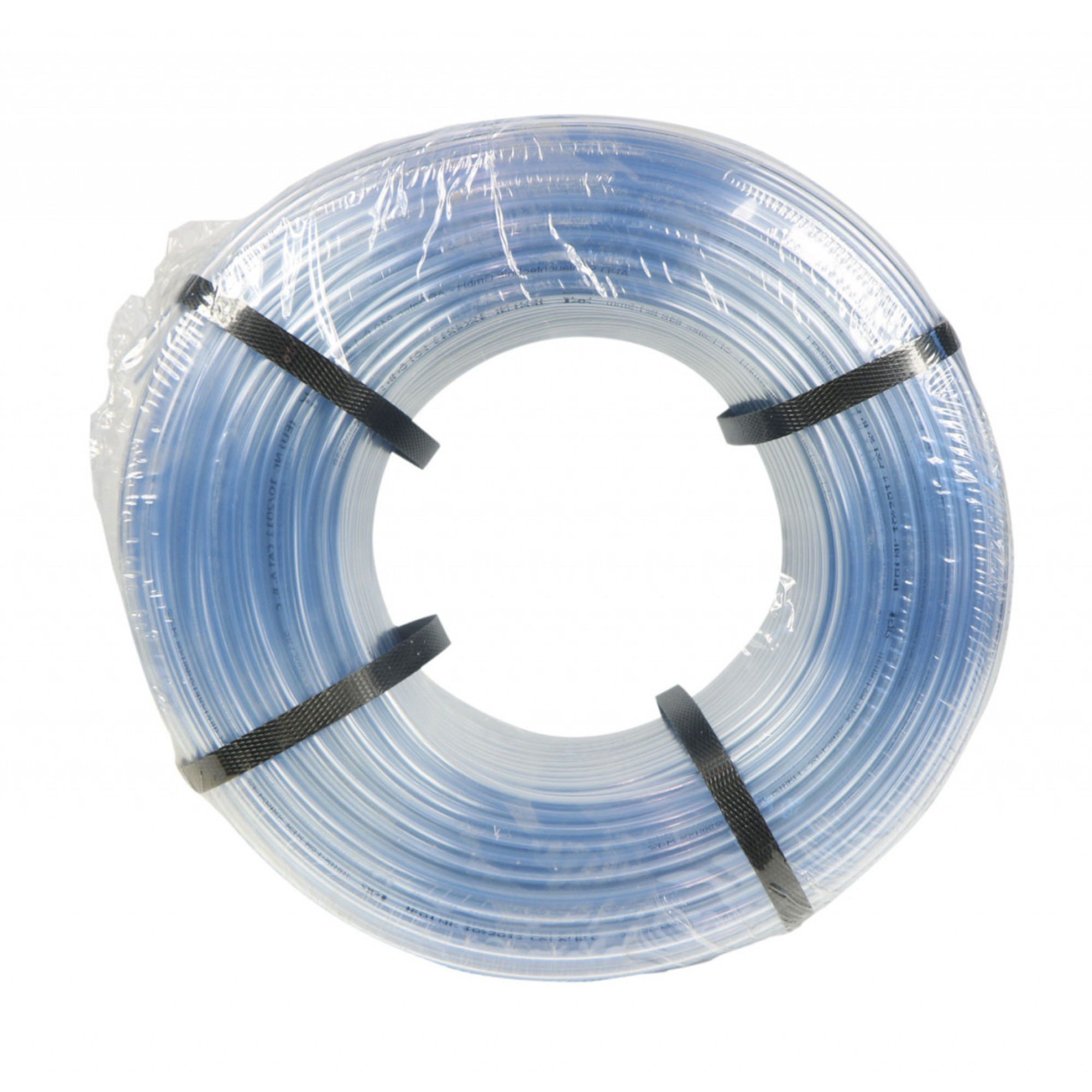 Ein Bündel aus transparenten, blauen Schläuchen, die in einer runden Form angeordnet und durch schwarze Bänder zusammengehalten werden. Die Schläuche sind umhüllt von einem durchsichtigen Kunststoffmaterial.