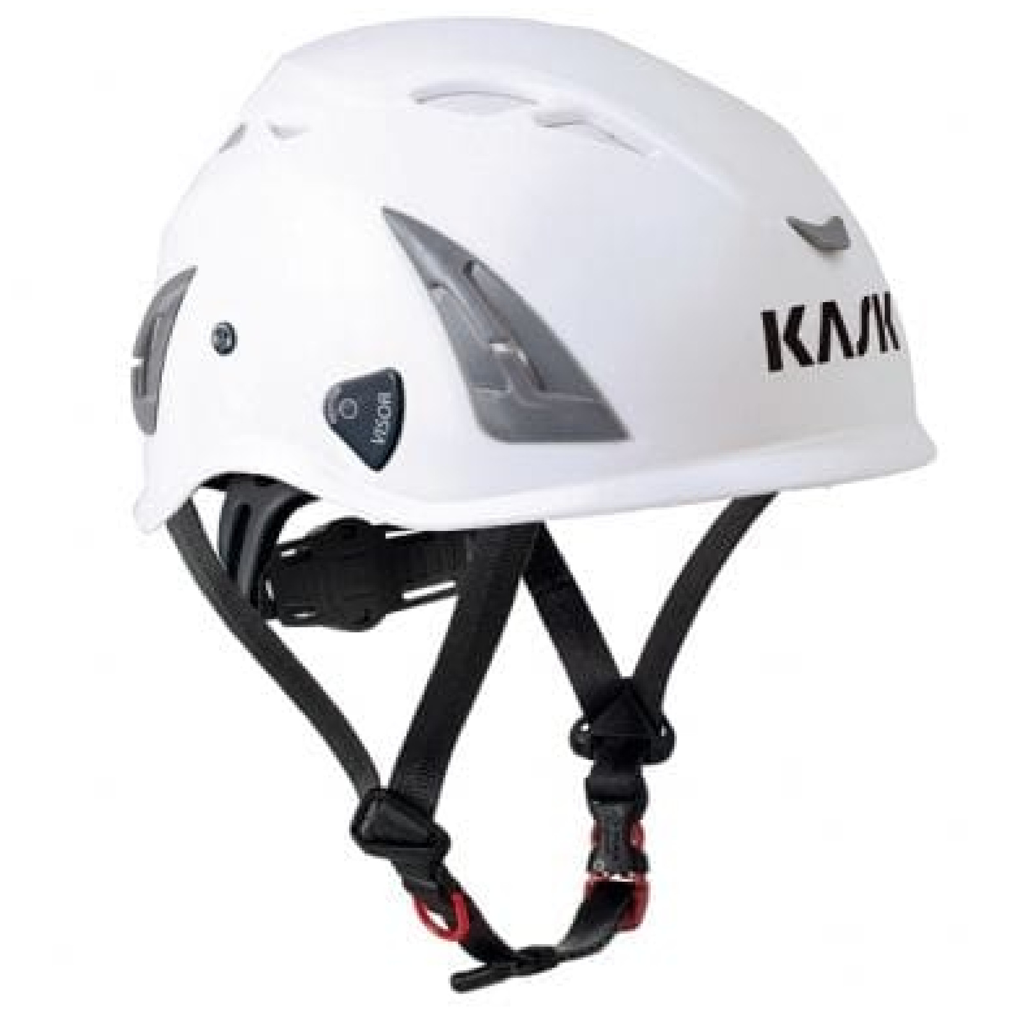 Ein weißer Schutzhelm der Marke Kask, ausgestattet mit Lüftungsschlitzen und einem Einstellmechanismus. Der Helm verfügt über schwarze Riemen für eine sichere Passform. Er ist für den Einsatz bei Aktivitäten geeignet, die Kopfschutz erfordern.