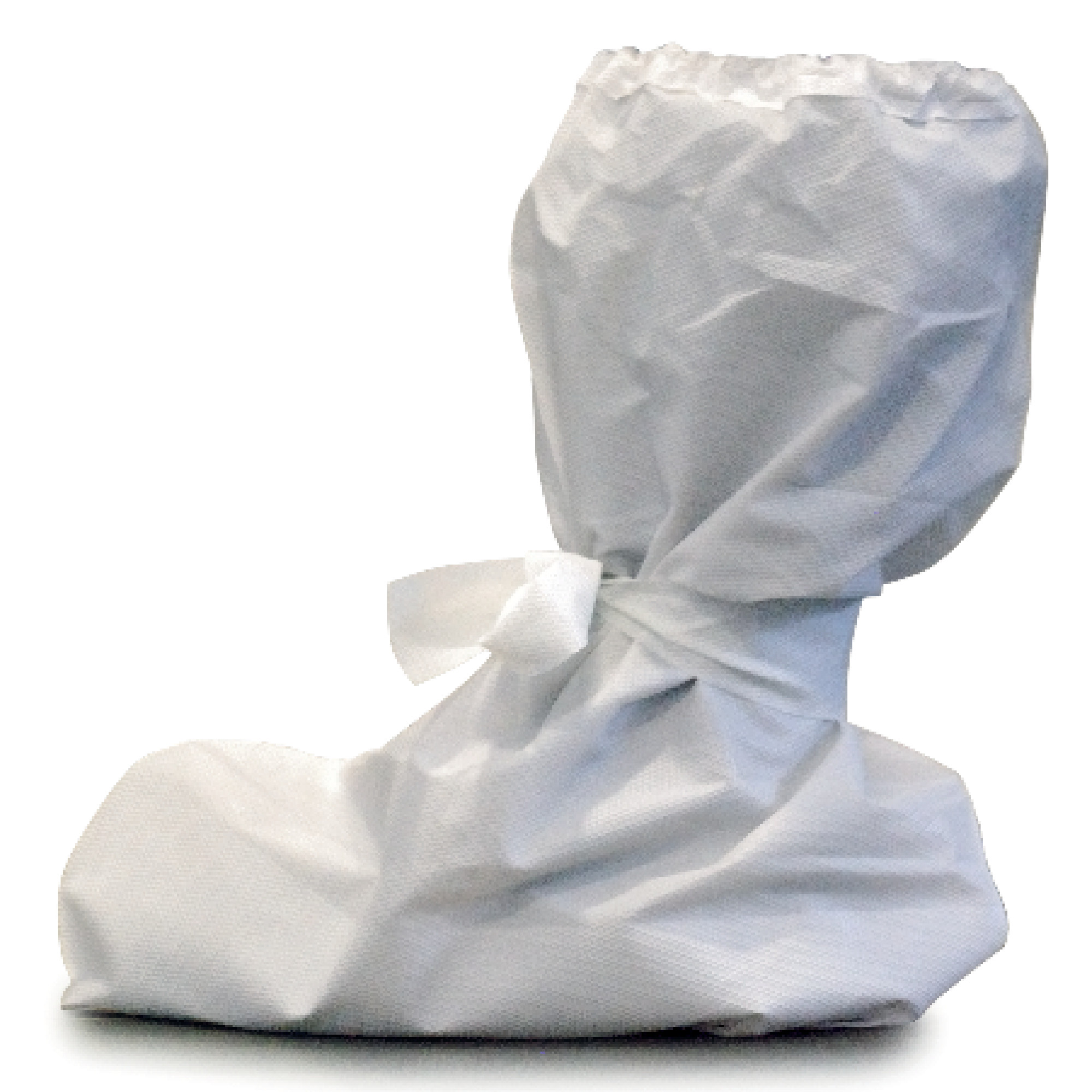 Ein weißer Plastiküberzug in Form eines Stiefels, oben leicht gerafft und mit einem Knoten zusammengebunden. Der Überzug ist für Schutz oder Sauberkeit gedacht.
