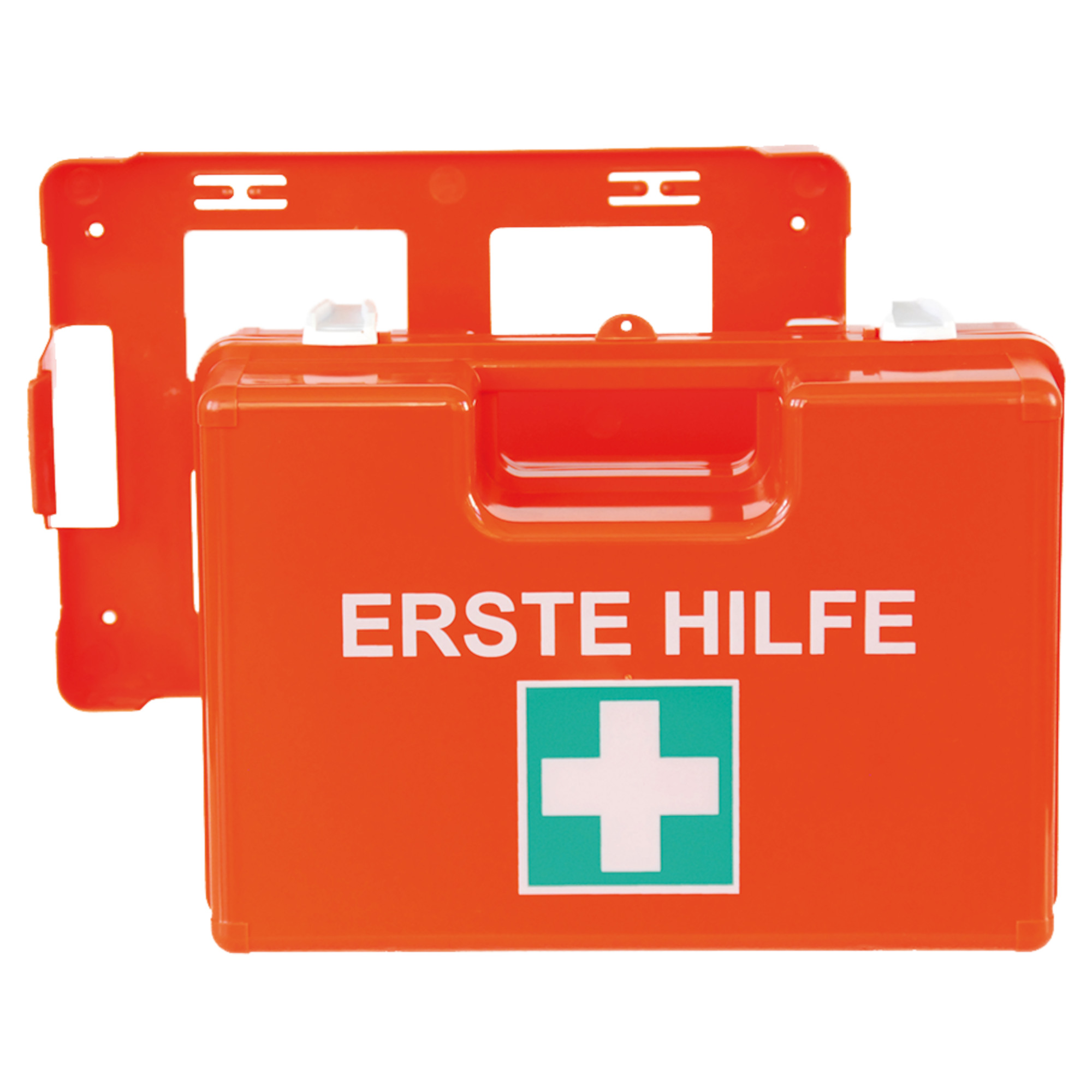 Ein orangefarbener Erste-Hilfe-Kasten mit der Aufschrift "ERSTE HILFE" und einem weißen Kreuz auf grünem Hintergrund. Der Kasten hat einen Griff und eine Halterung zur Wandmontage.
