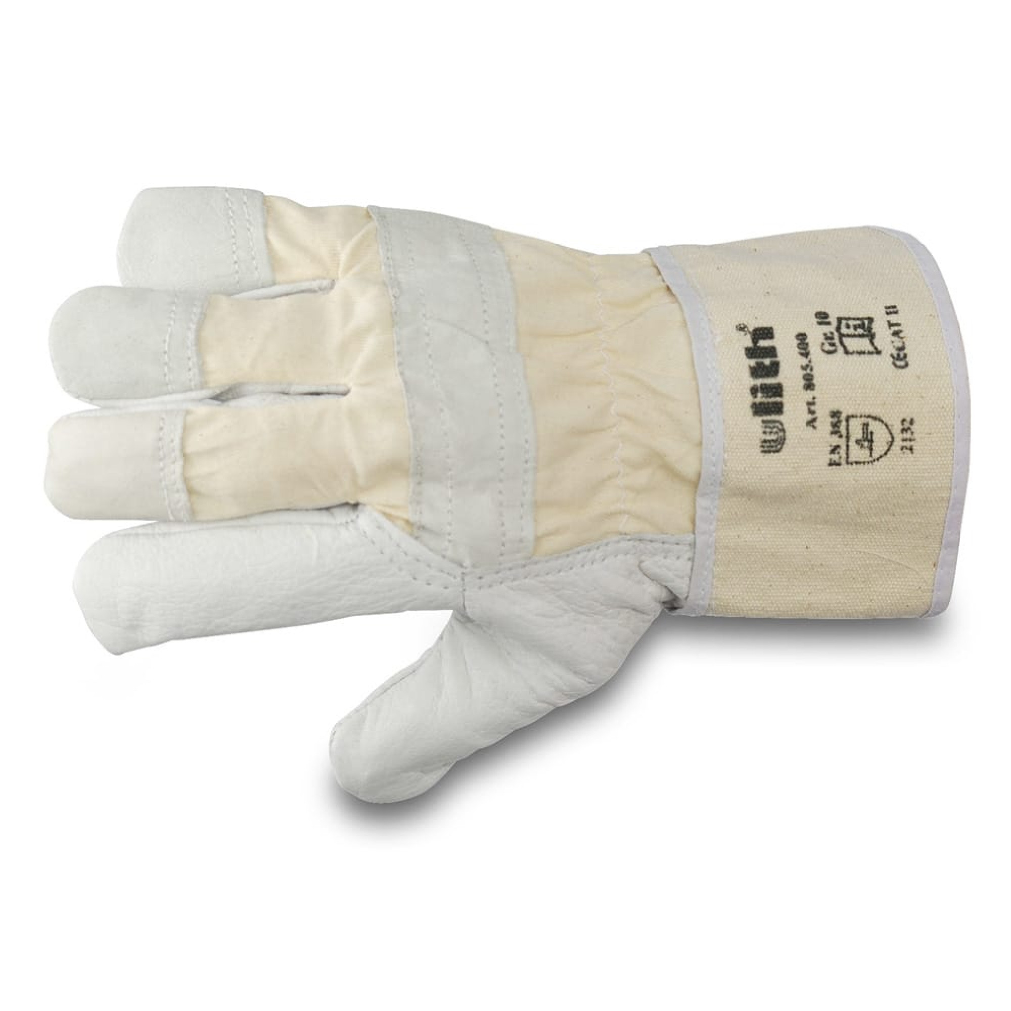 Ein Arbeits- oder Schutzhandschuh, der aus weißem Leder und strapazierfähigem Stoff gefertigt ist. Der Handschuh hat eine flache Form mit fünf Fingern und einem elastischen Bund. Er ist für den Einsatz in handwerklichen oder industriellen Bereichen konzipiert.