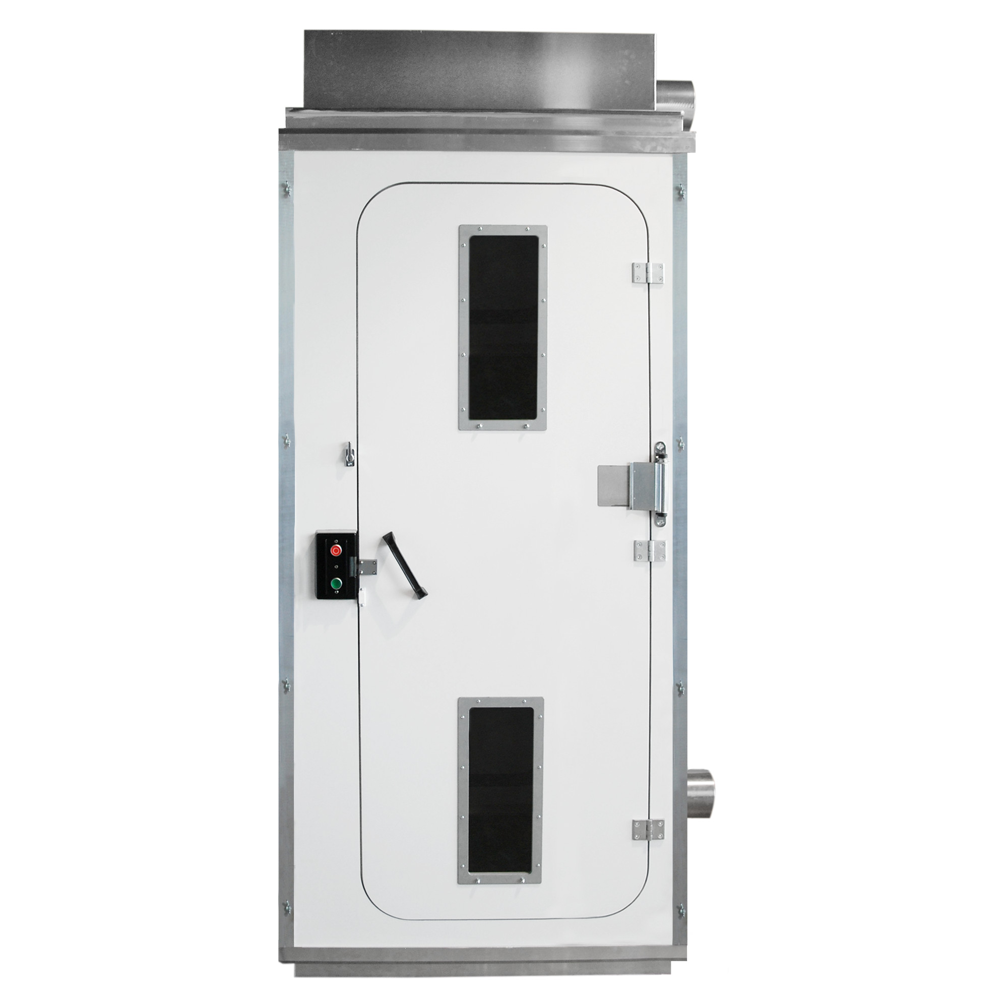 Weiße Ein-Kammer-Personalschleuse/ luftdusche aus Aluminium für die Asbestsanierung mit zwei Sichtfenstern und Steuerungskonsole, freigestellt auf weißem Hintergrund.