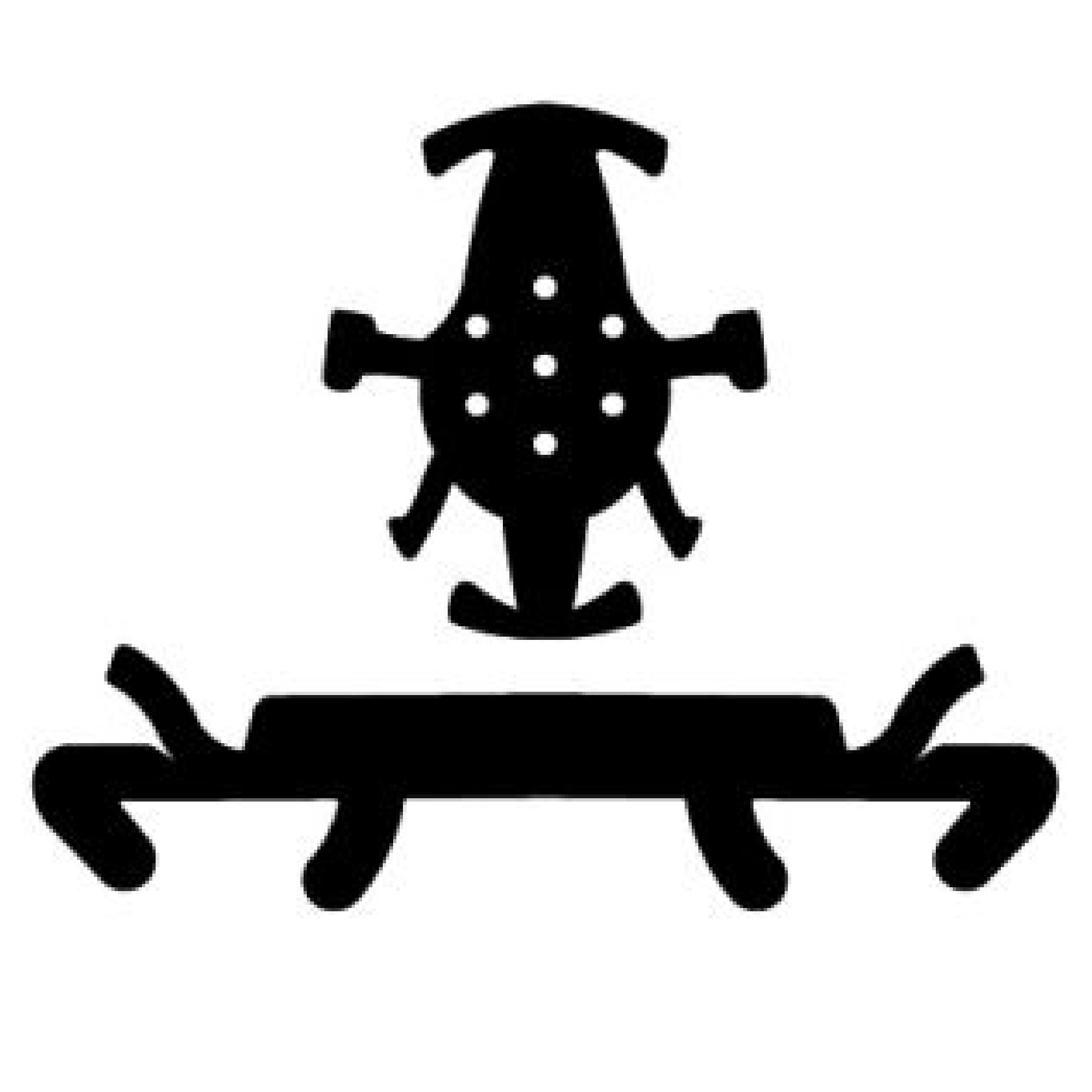 Ein stilisiertes schwarzes Bild zeigt oben ein Objekt mit sechs Punkten und zwei seitlichen Armen. Darunter befindet sich eine längliche Form mit zwei gebogenen Enden. Die Darstellung hat einen minimalistischen, grafischen Charakter.