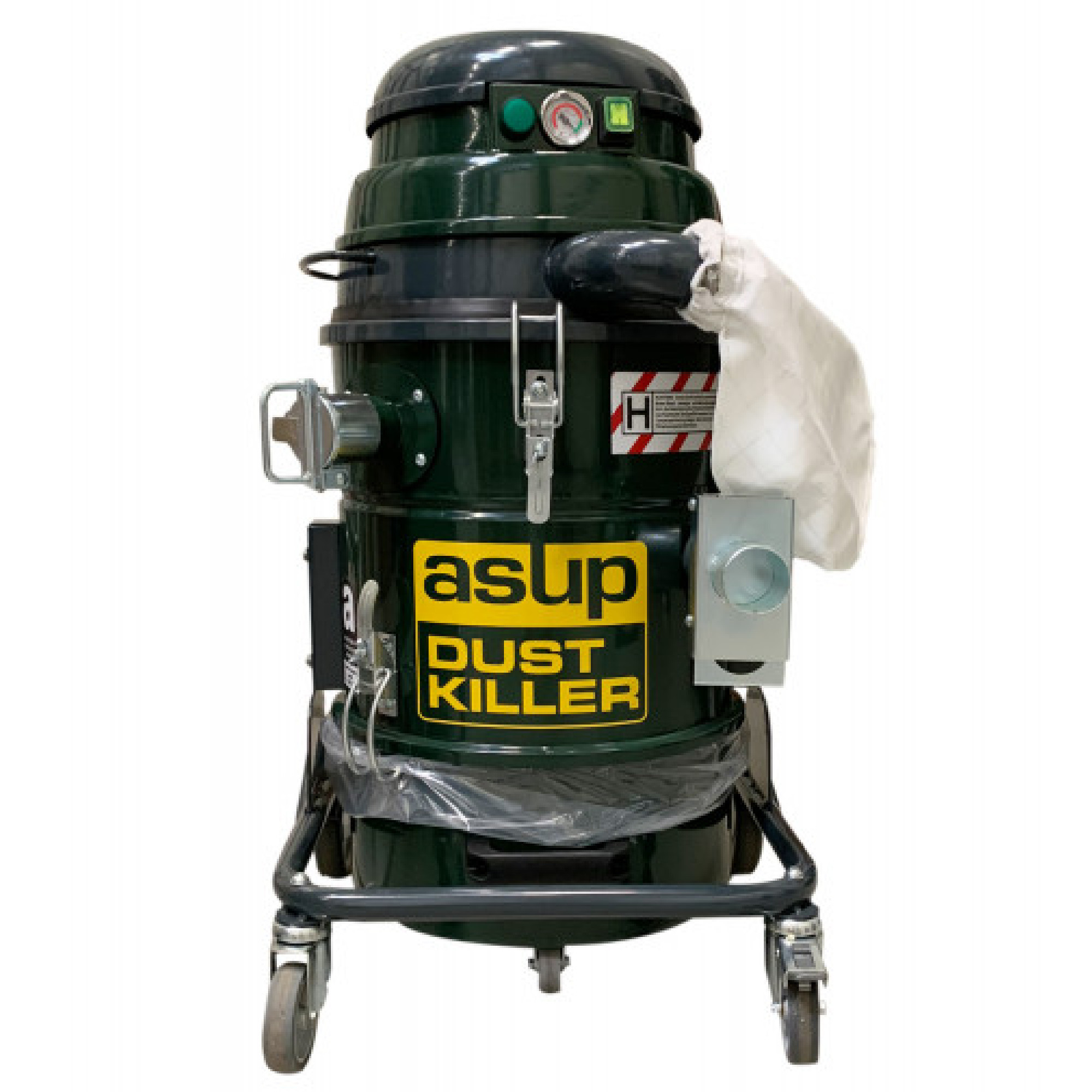 Ein grüner Staubsauger mit der Aufschrift "asup DUST KILLER". Er hat einen runden Oberteil, einen Schlauch und ist auf Rädern montiert. Ein Filterbeutel ist sichtbar. Der Staubsauger ist für die effektive Staubentsorgung konzipiert und hat bedienelemente an der Vorderseite.
