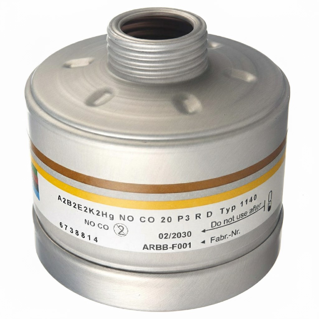 Ein runder, silberner Atemschutzfilter mit einem Schraubverschluss oben. Auf dem Etikett steht "A2B2E2K2Hg NO CO 20 P3 R D Typ 1140" und "Do not use after" gefolgt von "02/2030". Darunter ist "Fabr.-Nr." und "ARBB-F001" zu lesen. Am unteren Rand des Filters ist die Nummer "6738814" und "NO CO" mit einem durchgestrichenen Kreis zu sehen