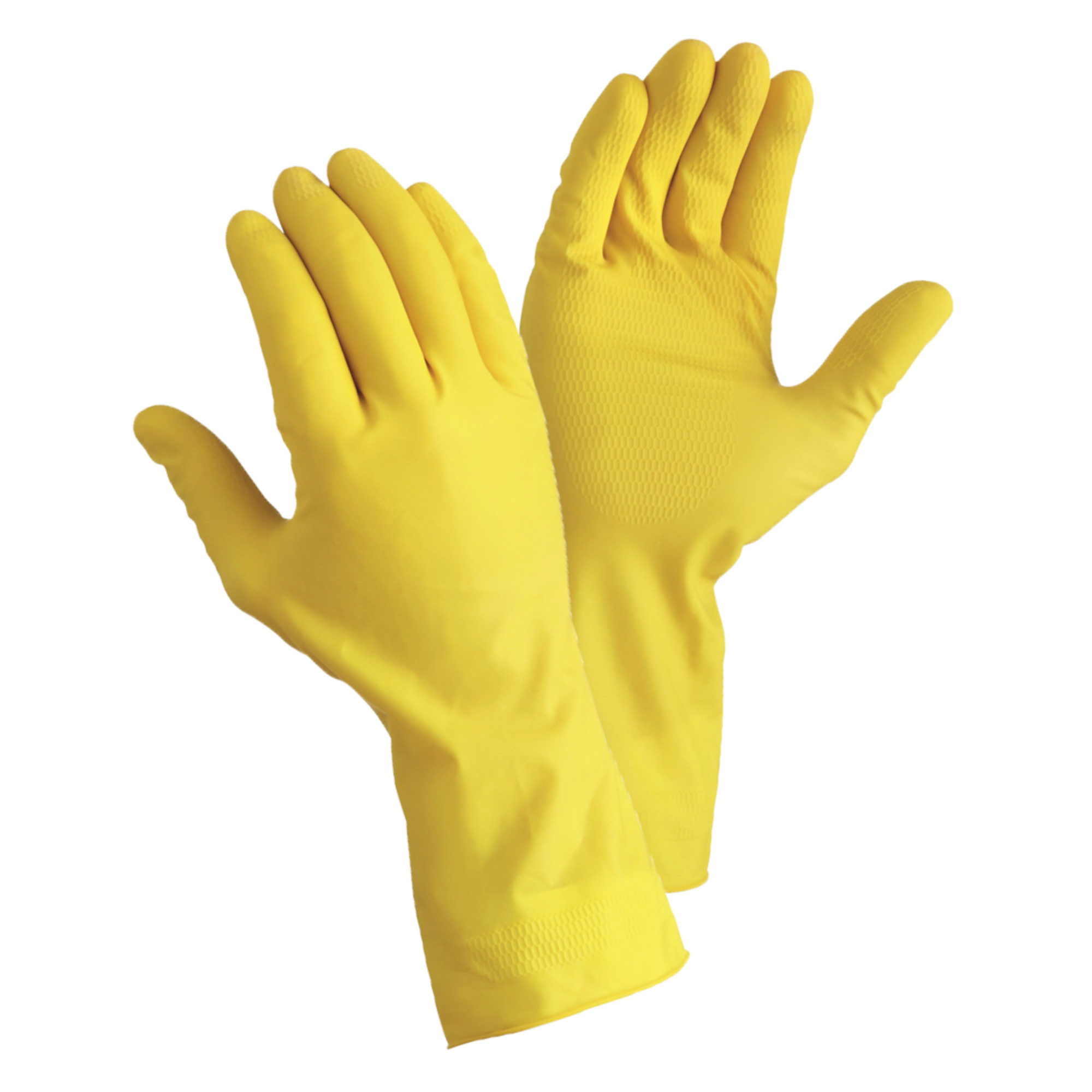 Ein Paar gelbe Latex-Schutzhandschuhe mit strukturierter Griffoberfläche, freigestellt auf weißem Hintergrund.