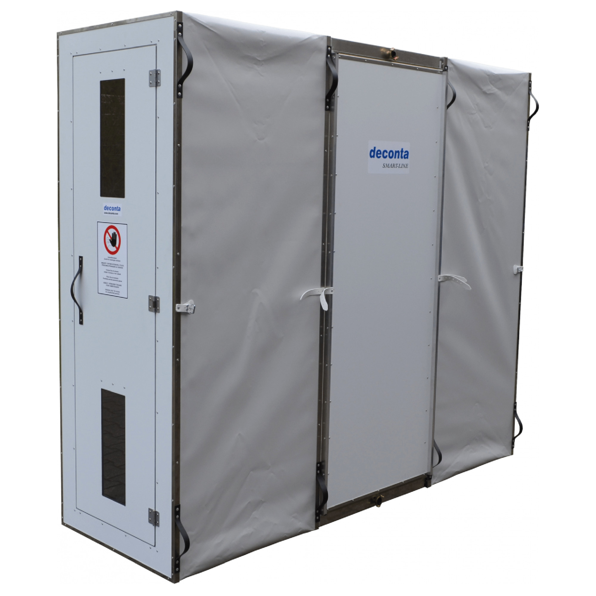3-Kammer-Personalschleuse „deconta Smart-Line“ mit Hartschalen-Tür, Sichtfenstern und unterteiltem Hygienebereich auf weißem Hintergrund