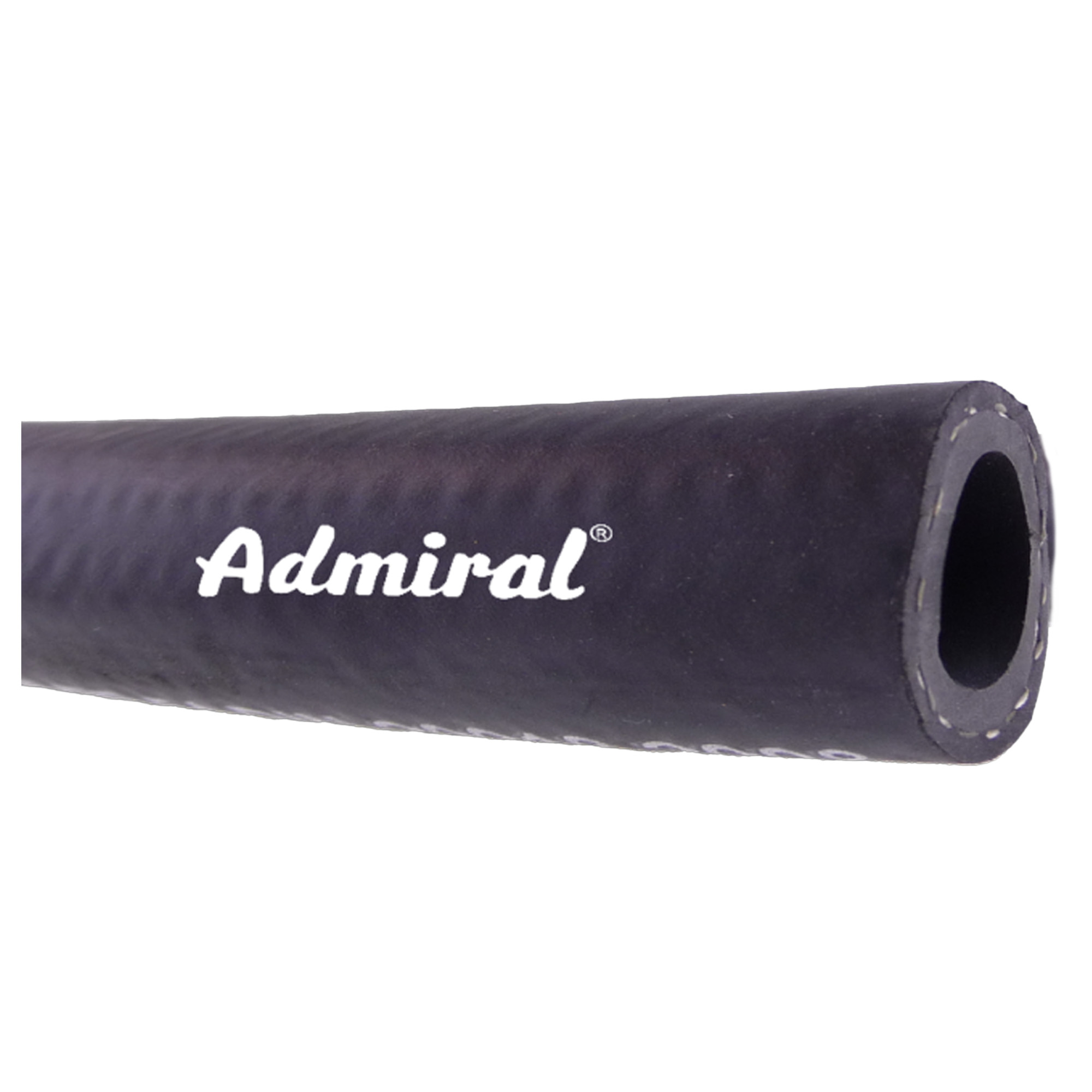 Nahaufnahme eines schwarzen Schlauches mit der Aufschrift "Admiral" in Weiß. Der Schlauch hat ein rundes Ende und eine strukturierte Oberfläche.
