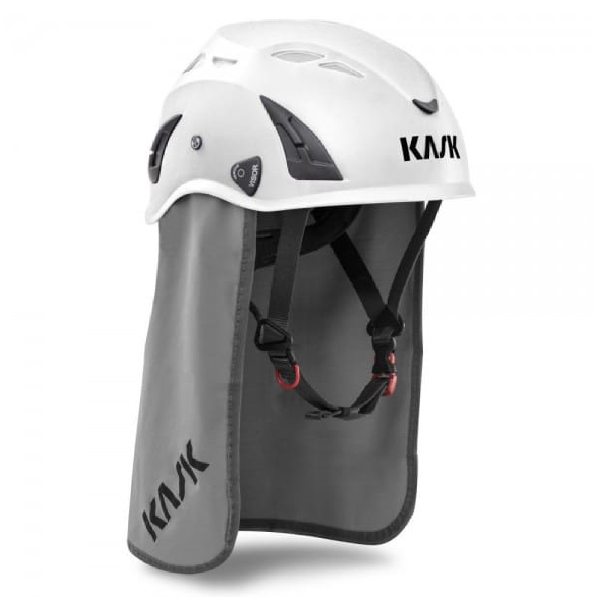 Ein weißer Helm mit einem grauen Nackenschutz. Der Helm ist für Sicherheitszwecke konzipiert und hat verschiedene Belüftungsöffnungen sowie verstellbare Riemen für eine sichere Passform. Das Logo "KASK" ist auf der Vorderseite sichtbar.