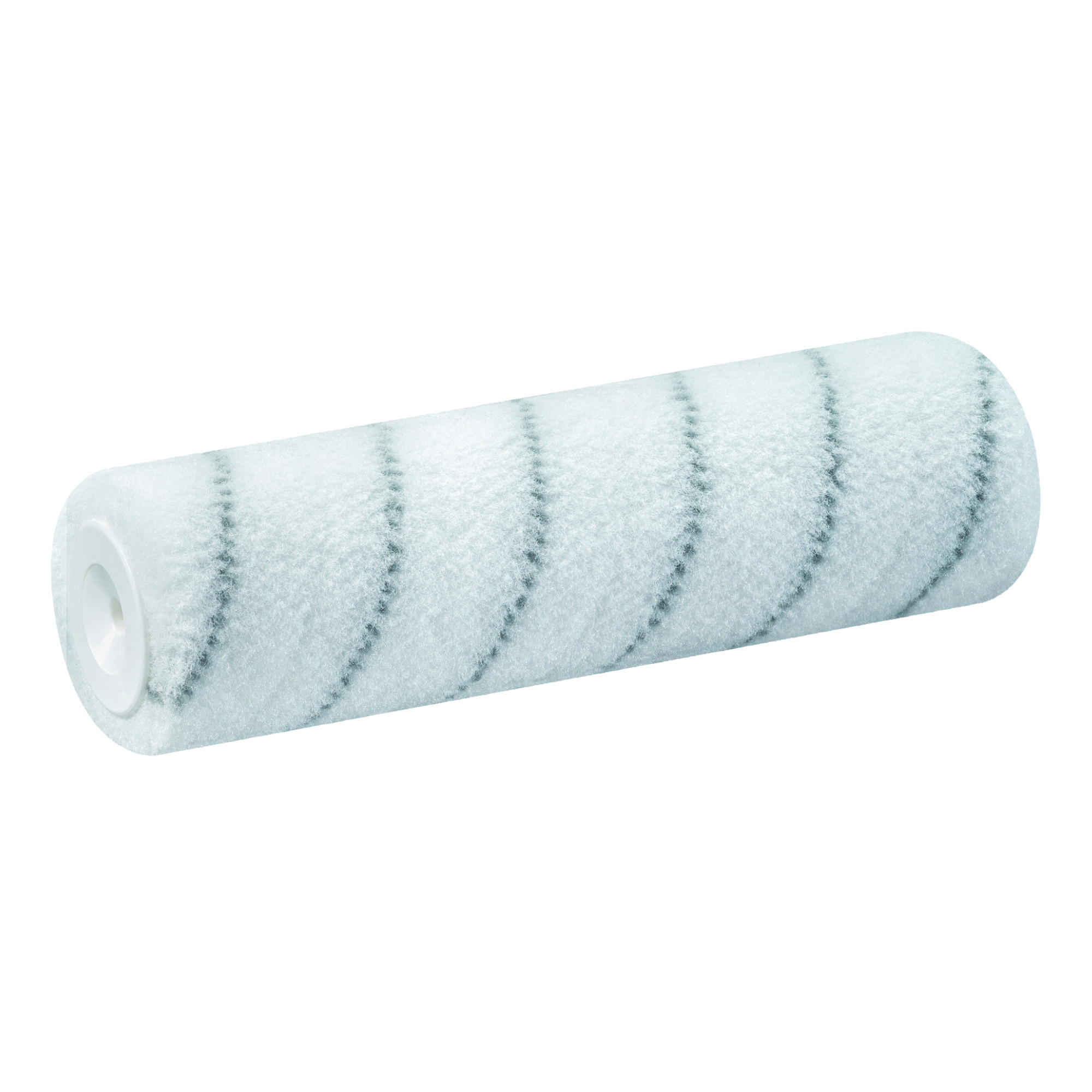 Ein lackierroller in Weiß und hellblau, mit einer flauschigen Oberfläche und schrägen Streifen. Der Roller hat einen offenen Kern für eine einfache Handhabung. Ideal für das Streichen von Wänden und Decken.