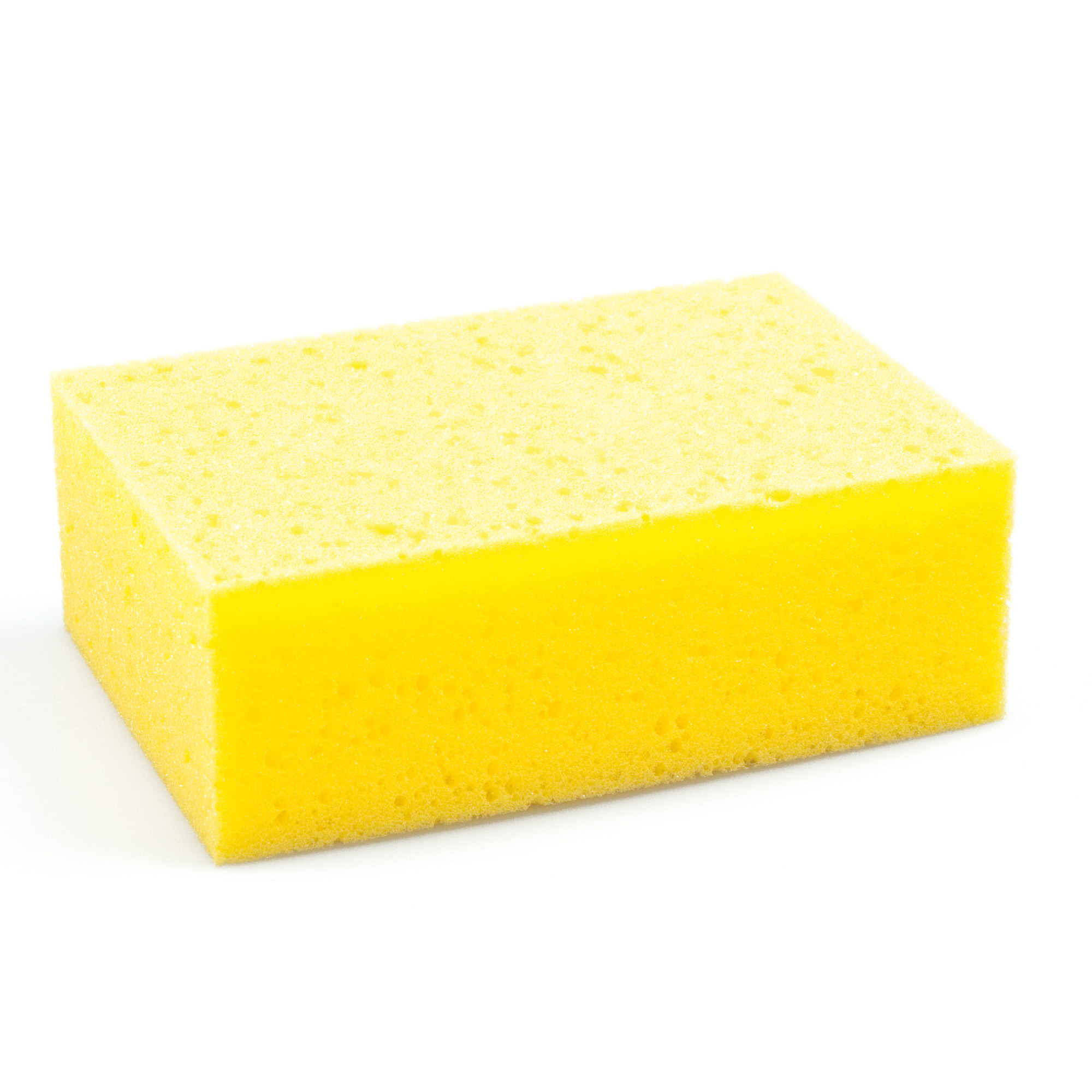 Ein rechteckiger, gelber Schwamm mit einer porösen Oberfläche. Der Schwamm ist glatt und hat eine gleichmäßige Form, geeignet für Reinigungs- oder Haushaltsaufgaben.