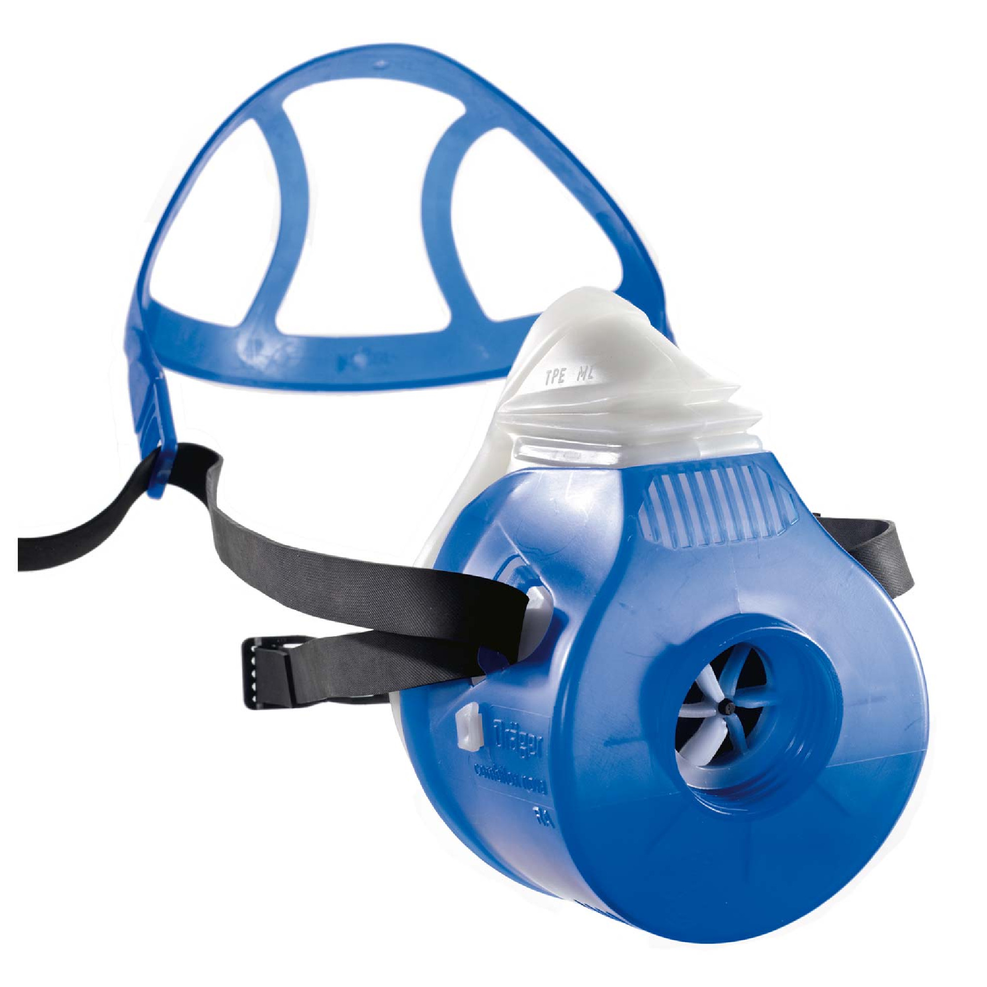 Das Bild zeigt eine blaue Atemschutzmaske mit einem weißen oberen Teil und einem verstellbaren elastischen Riemen. Die Maske hat eine spezielle Öffnung zur Luftzirkulation, die eine sichere Atmung in gefährlichen Umgebungen ermöglicht.