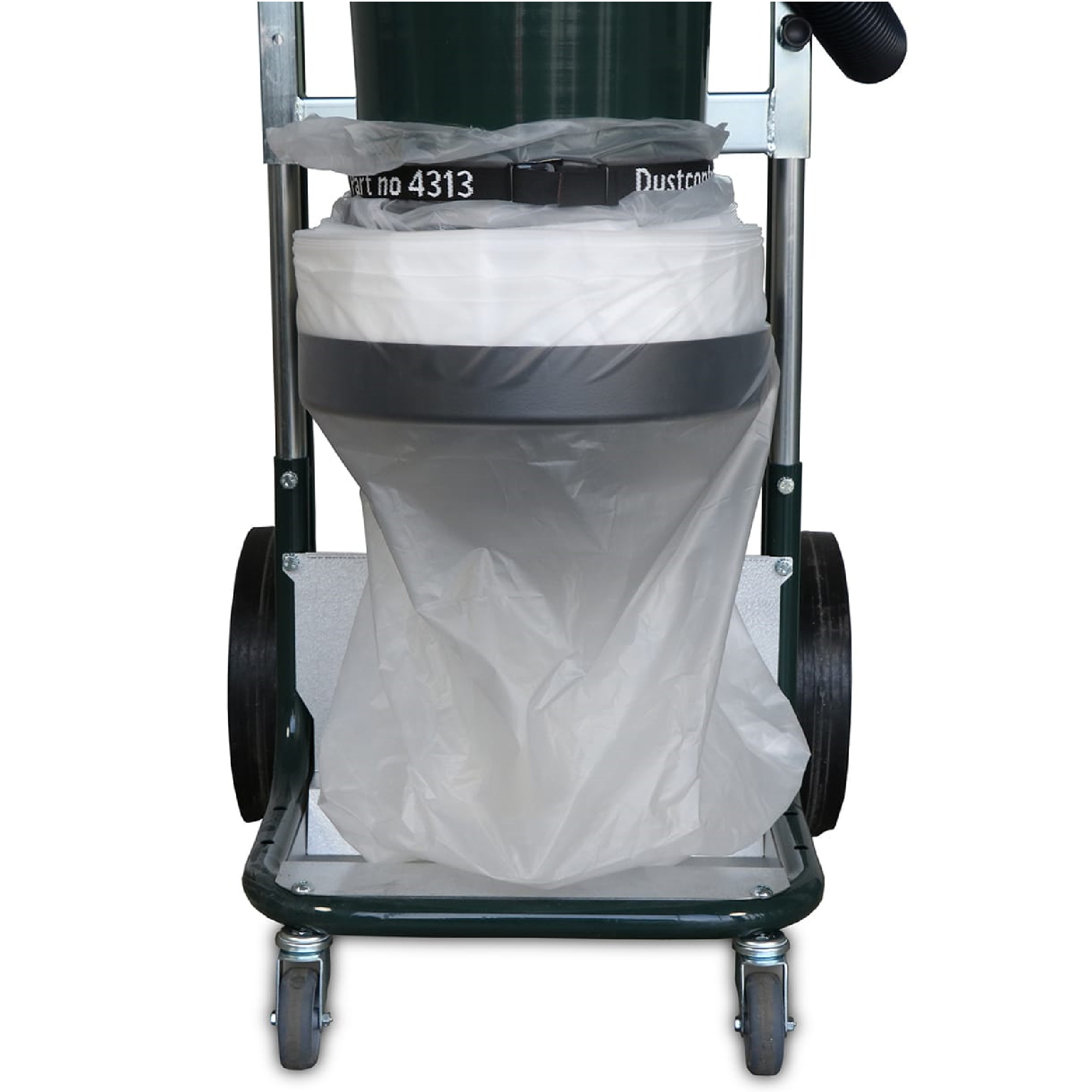 Ein grüner Staubsauger mit einem transparenten Abfallsack ist auf einem stabilen Wagen montiert. Der Sack ist am oberen Rand des Behälters befestigt. Der Wagen hat zwei große Räder, die für Mobilität sorgen.