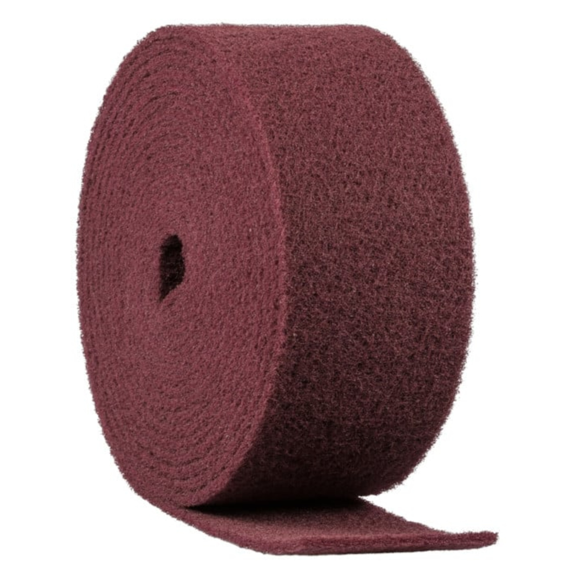 Rolle aus tiefrotbraunem Schleifvlies, die auf einer Seite offen liegt. Die Struktur ist grob und filzig, geeignet zum Schleifen oder Polieren von Oberflächen. Die Rolle hat einen zentralen Durchlass und zeigt eine unrollte Endkante.