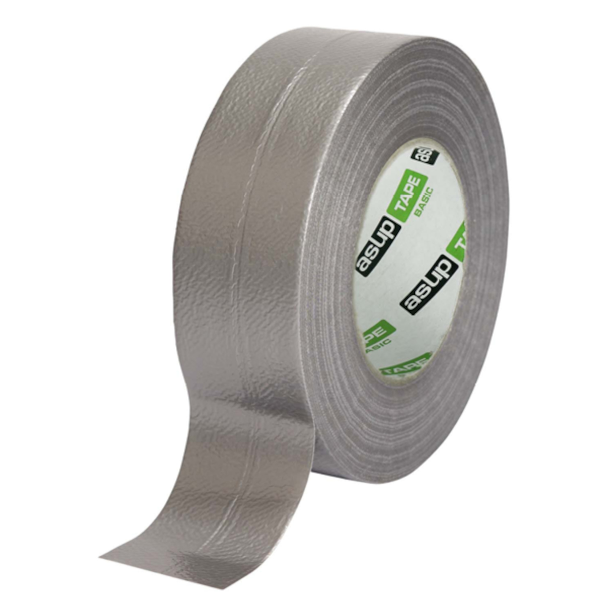 Ein Rollenstück silbernes Klebeband steht aufrecht, mit einem Ende, das leicht abgerollt ist. Die innere Seite der Rolle zeigt ein Logo und die Aufschrift „asup TAPE BASIC“. Das Material hat eine leicht strukturierte Oberfläche.